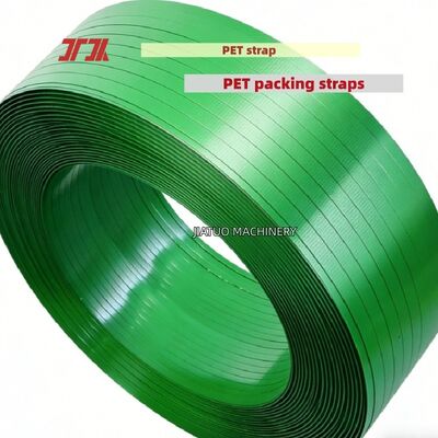 Cinta flejadora automática de PET verde Cinta de embalaje de PET de 9 a 25 mm con escamas de botellas 100% PET
