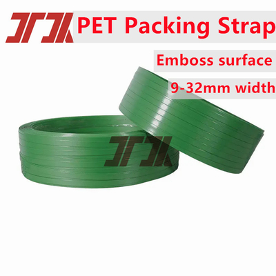 En venta al por mayor cinta de cinta de plástico PET verde 9-32 mm cinta de cinta de PET para embalaje eléctrico portátil